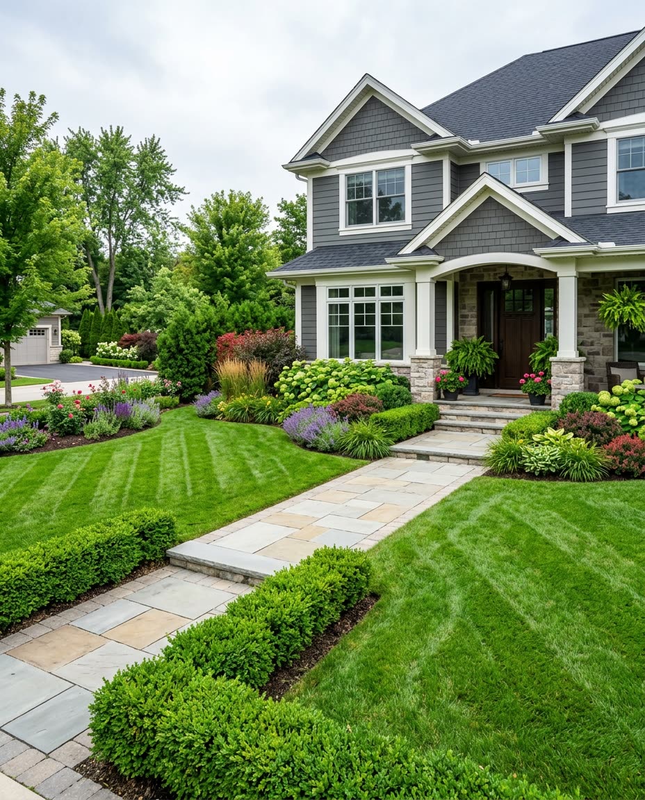 A beautifully maintained property with a striped lawn, shaped hedges and a stone walkway