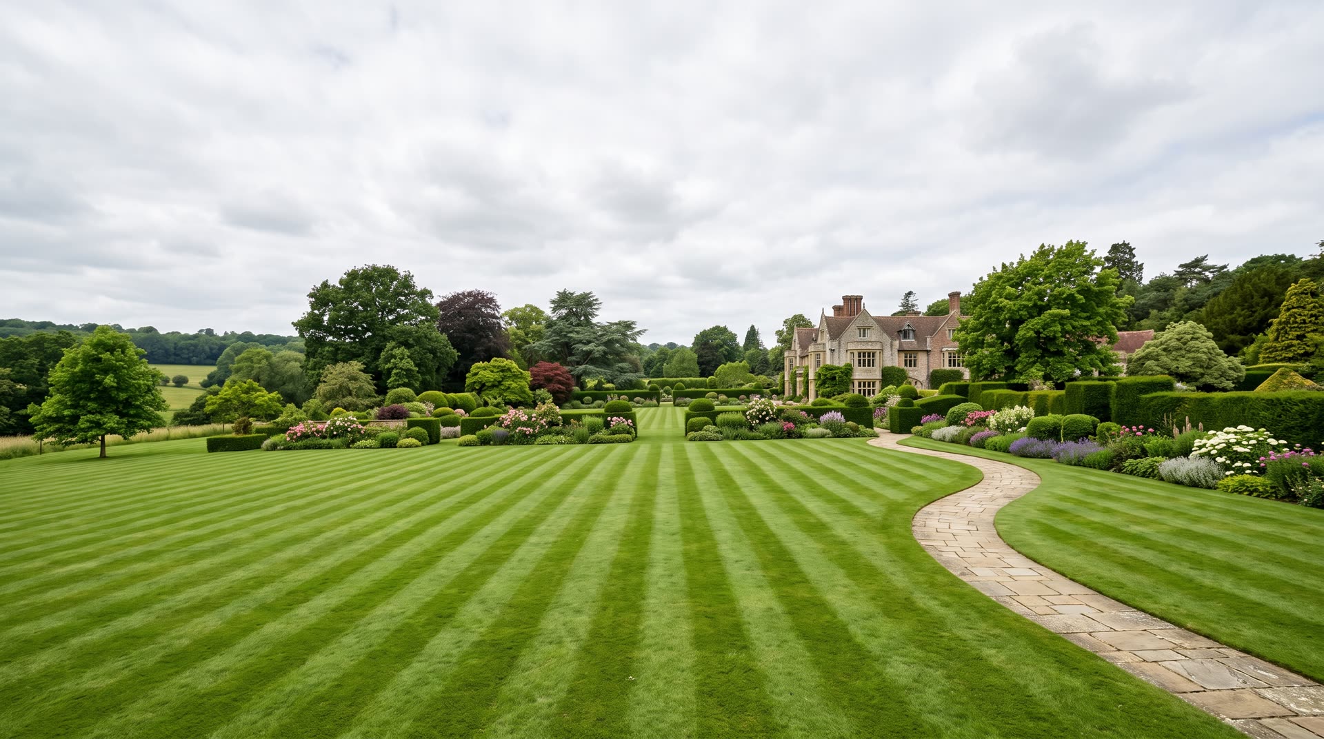 A sweeping, immaculately striped estate lawn with layered garden beds and a stone path