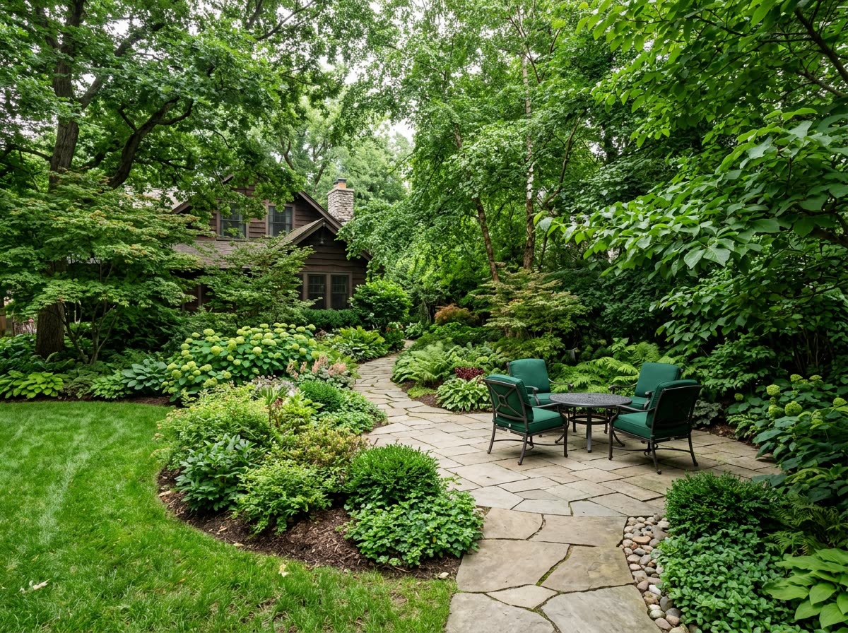 Lush green shaded backyard landscaping around a patio