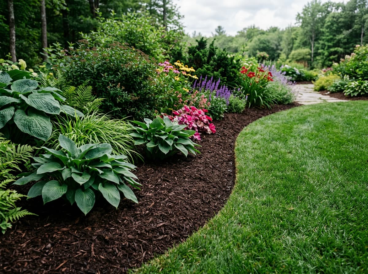 Freshly mulched garden bed with hostas and a crisp edge along the lawn