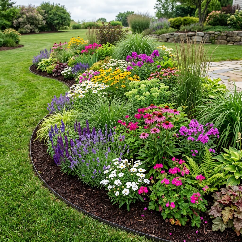Vibrant perennial flower bed with fresh mulch and ornamental grasses