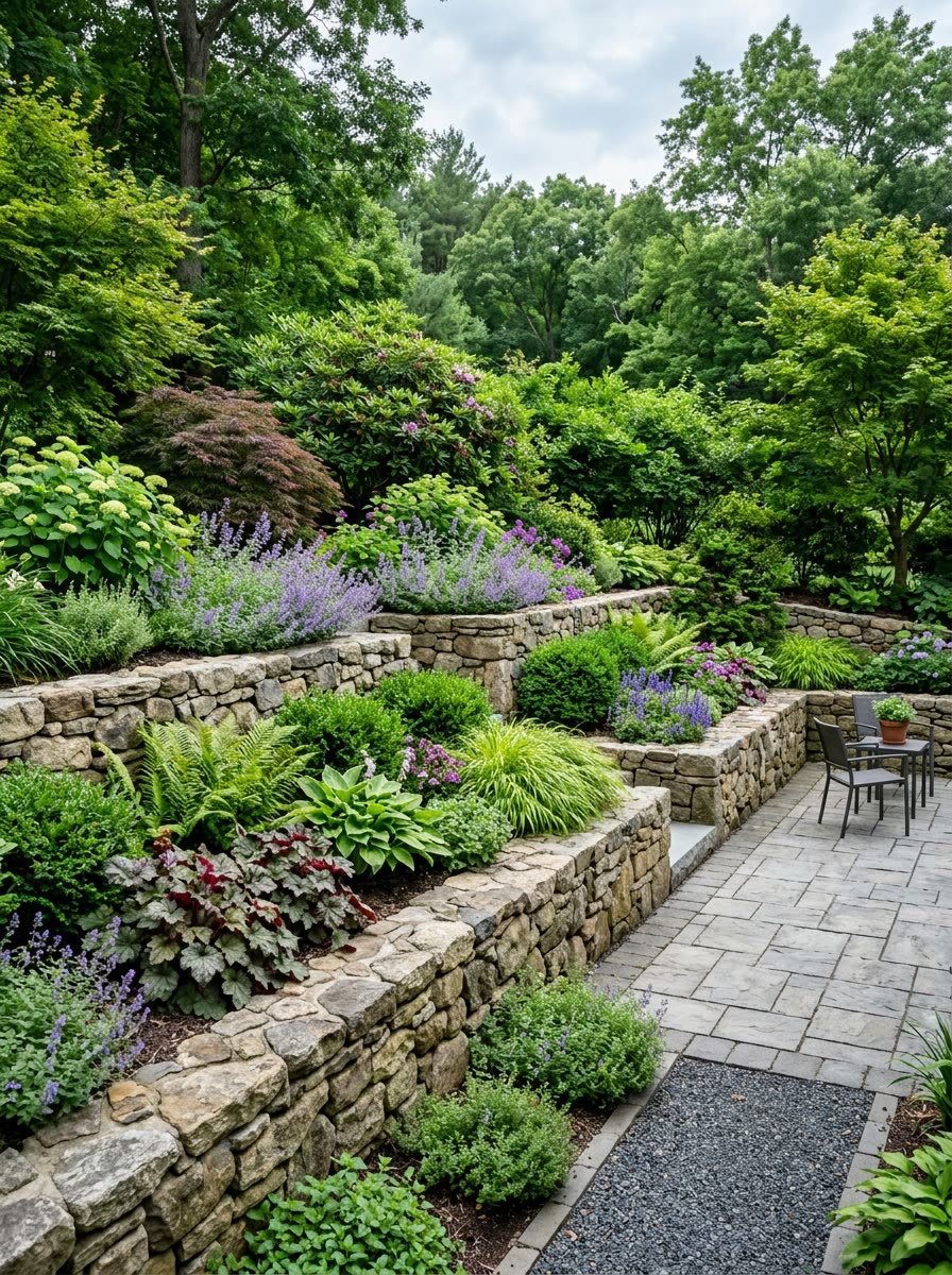 Backyard tiered stone retaining wall garden beside a paver patio